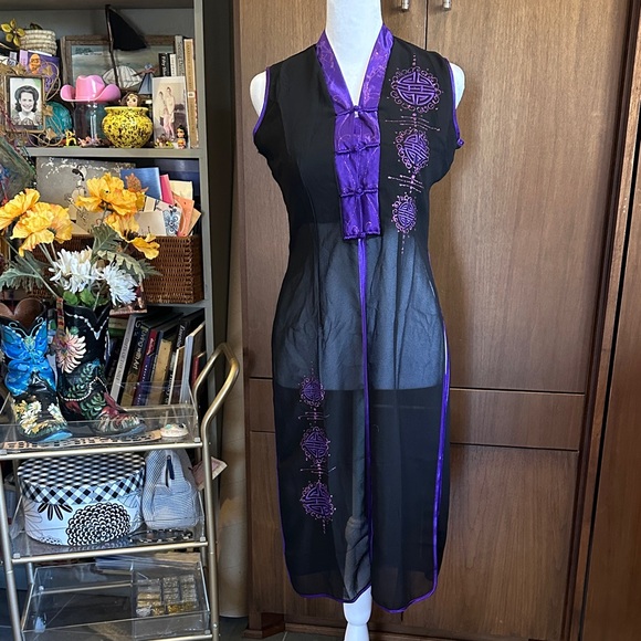 vintage Tops - Vintage Black and Purple Sheer vest Asian inspired.